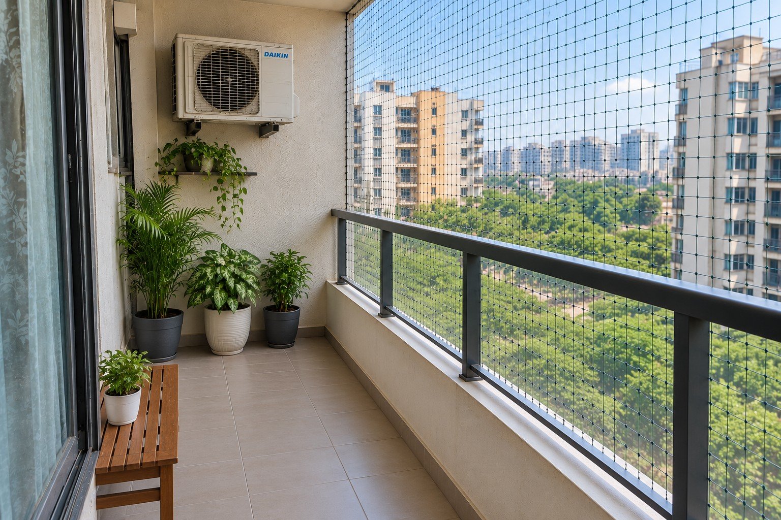 Clean balcony with installed pigeon net